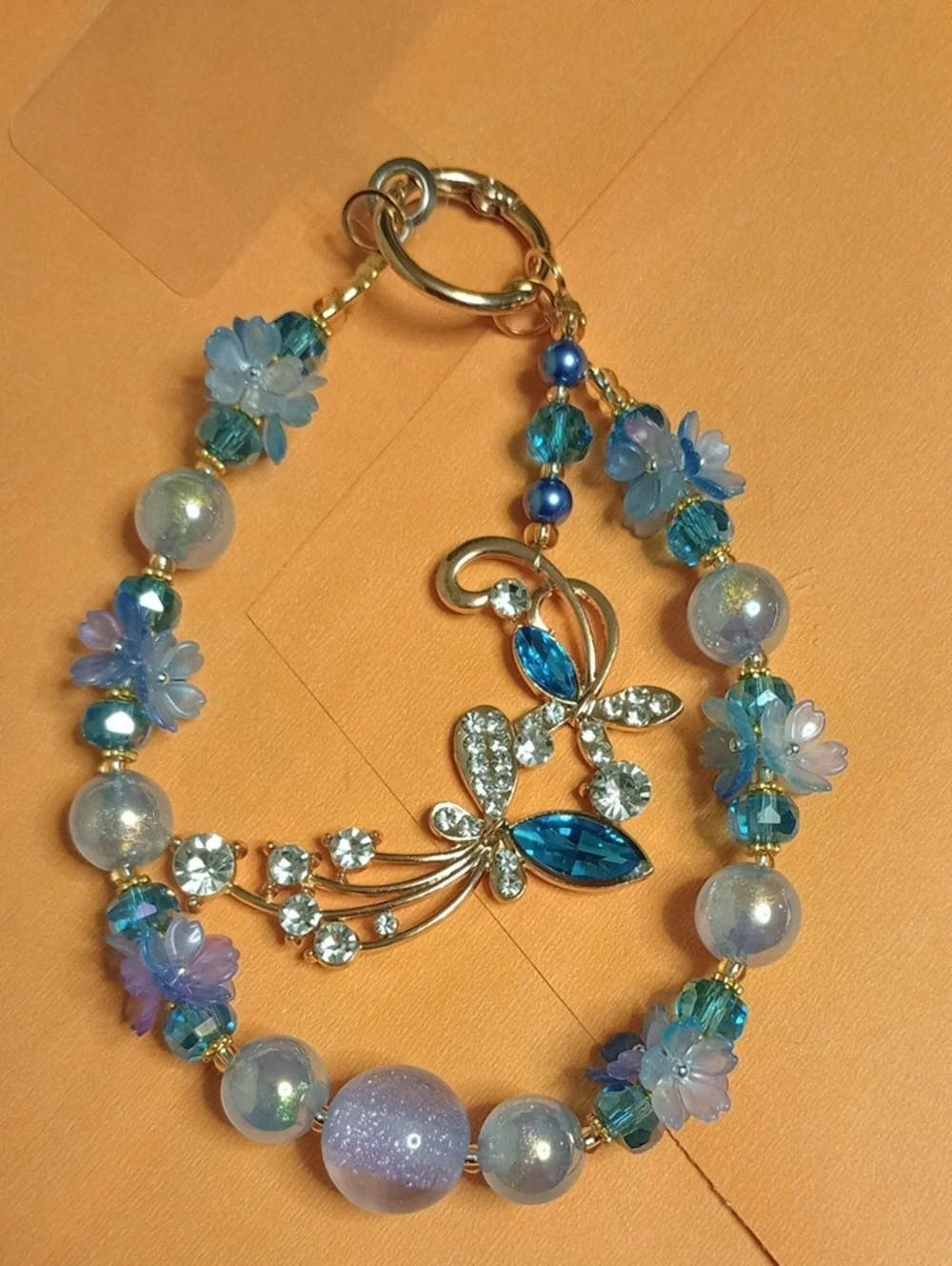 Sparkling Blue Floral Crystal Phone Chain